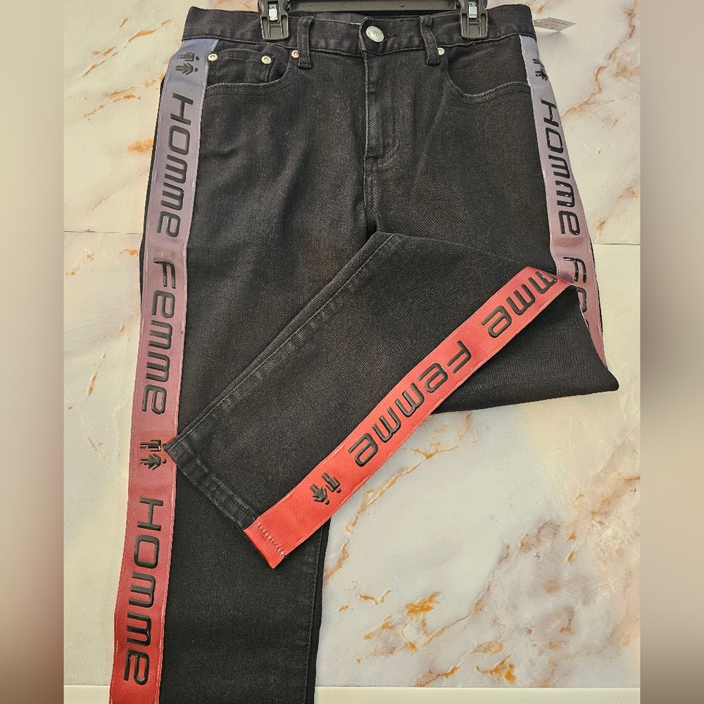 Nwt Homme Femme Black Skinny Jeans Ombre Stripe Blueish To Red Size 28